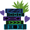 Zach's digital drawing: blue/green/purple book stack, decorated with green leaves and purple hearts.
